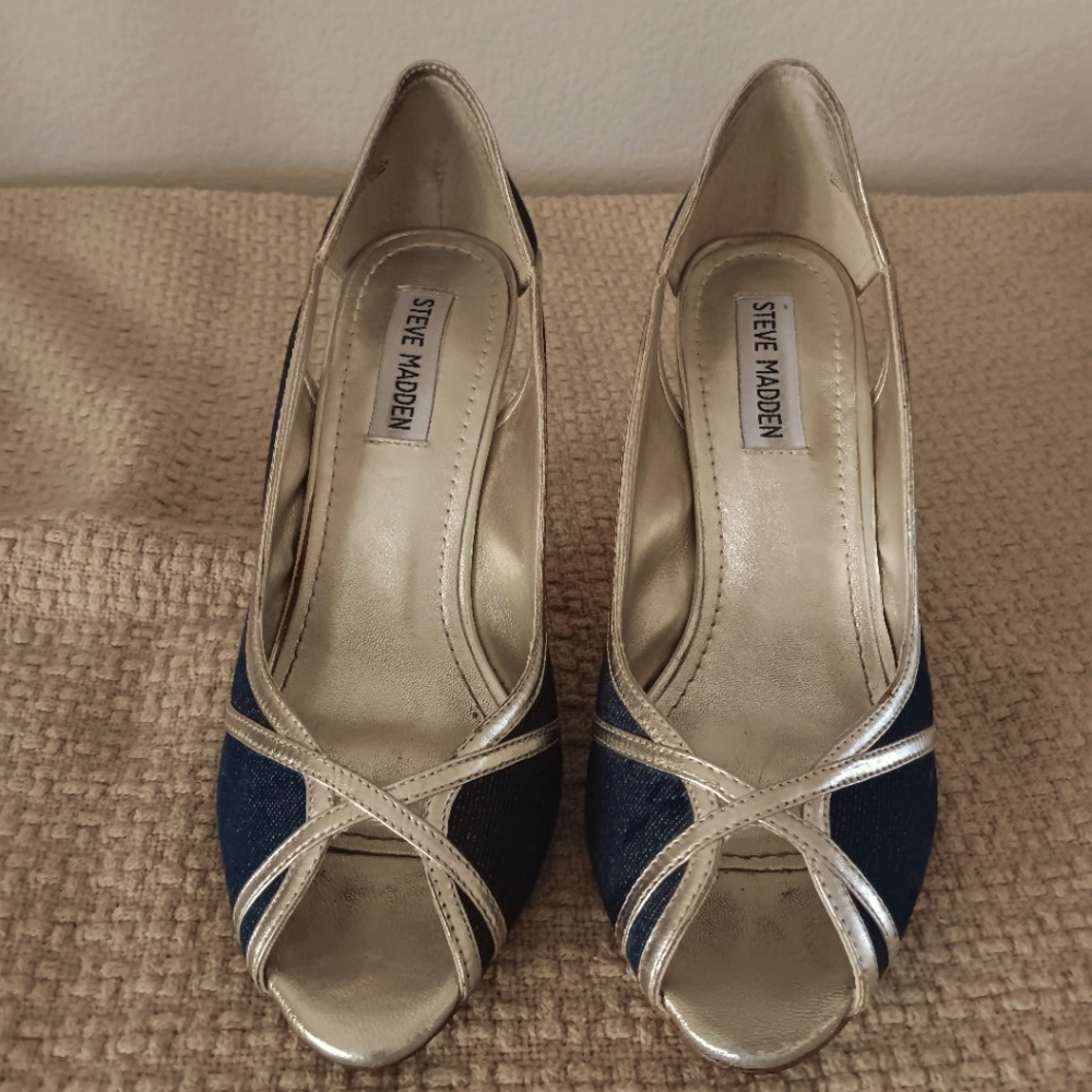 Steve Madden Angella Denim/Gold  Leather Peep Toe High Heel Shoe Size 7M READ